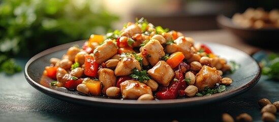Delicious chicken stir-fry with peanuts, bell peppers, and parsley.