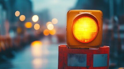 Close up of a construction warning light on a road.