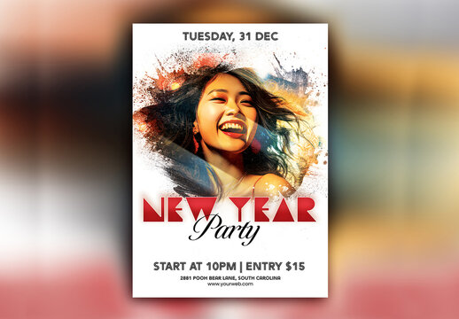 New Year Party Flyer or Poster  with Cheerful Asian Woman Portrait and Event Details.