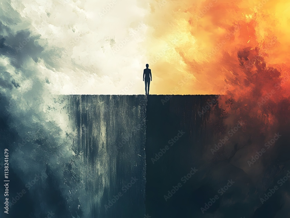 Poster a solitary figure stands on the edge of contrasting realms, one side embracing calmness and serenity
