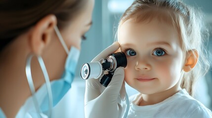 Child, girl at eye examination in warm light, horizontal, ideal for pediatric healthcare, vision care services and family wellness campaigns