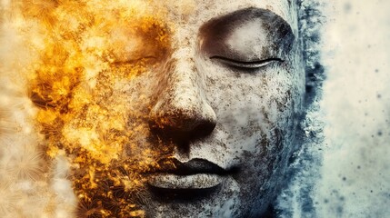 Buddha face close-up in beige tones, horizontal, perfect for meditation apps, wellness centers, spa services, spiritual retreats, mindfulness blogs and zen-inspired interior design materials