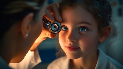 Child, girl at eye examination in warm light, horizontal, ideal for pediatric healthcare, vision care services and family wellness campaigns