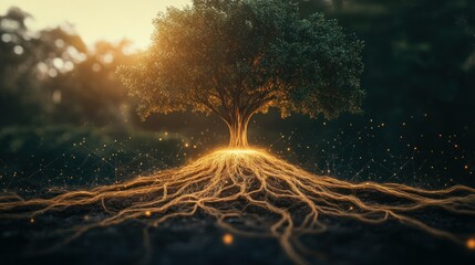 tree roots merging into a network of knowledge, representing foundational learning.