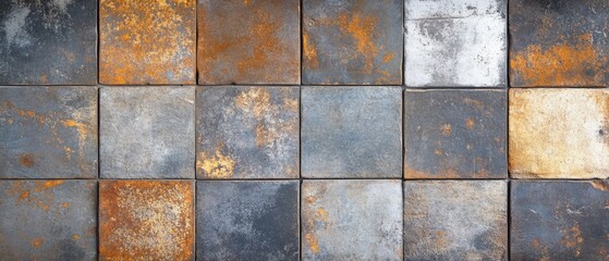 Old brown gray rusty vintage worn shabby patchwork motif tiles stone concrete cement wall texture background