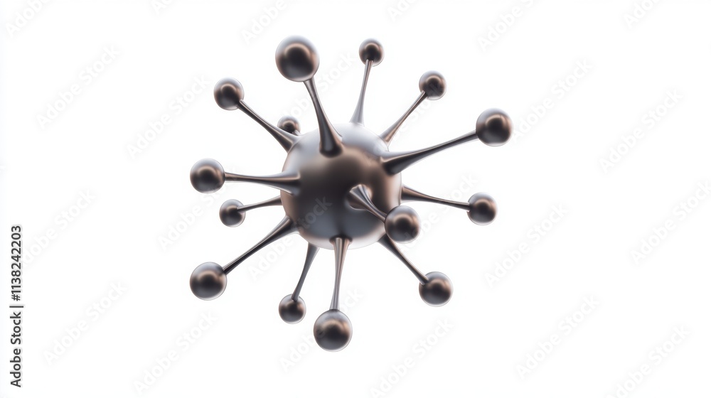 Poster a 3d representation of a virus with spikes, showcasing its structural features against a white backg