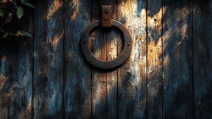 A classic horseshoe above a weathered wooden door, lit by the soft glow of early morning sunlight, with intricate wood grain patterns and the shadow of nearby foliage adding depth, hd quality,