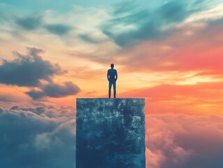 A Businessman Standing on a Towering Platform Above the Clouds During a Colorful Sunrise, Symbolizing Ambition, Freedom, and Possibilities in Life and Career Growth