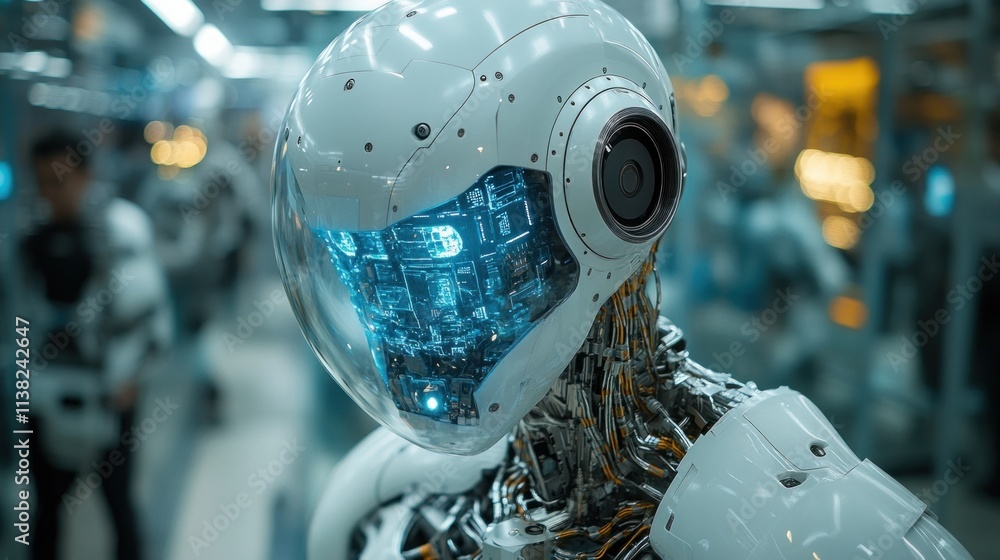 Poster a futuristic robot with a transparent head showcasing internal circuitry in a high-tech environment.