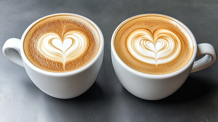 Two white coffee cups with latte art in the shape of hearts on a grey background, top view