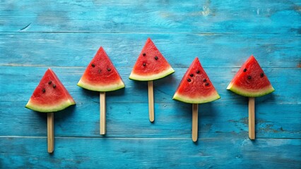Refreshing watermelon slices on wooden sticks arranged on a blue wooden background