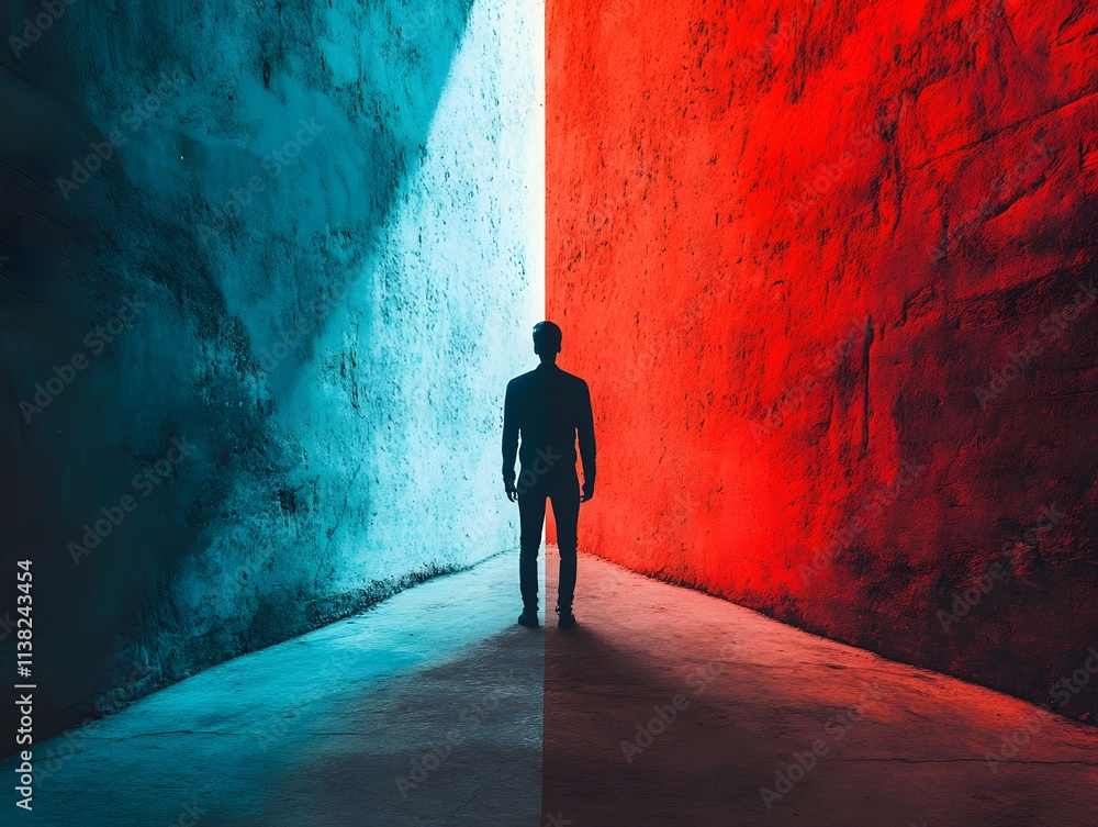 Poster a solitary figure stands at the intersection of contrasting colors, symbolizing choice and duality i