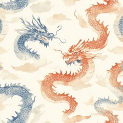 Majestic dragons dancing ancient fantasy theme artistic illustration serene clouds aerial perspective mythical imagery