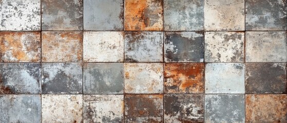 Fototapeta premium Old brown gray rusty vintage worn shabby patchwork motif tiles stone concrete cement wall texture background