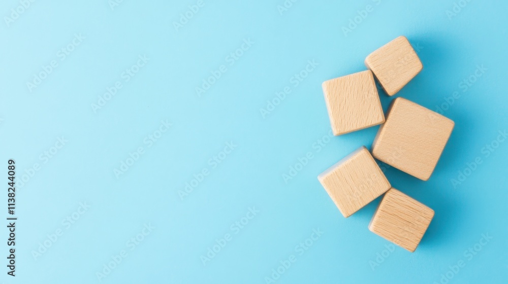 Aufkleber a minimalist arrangement of wooden blocks on a light blue background, creating a simple yet visually