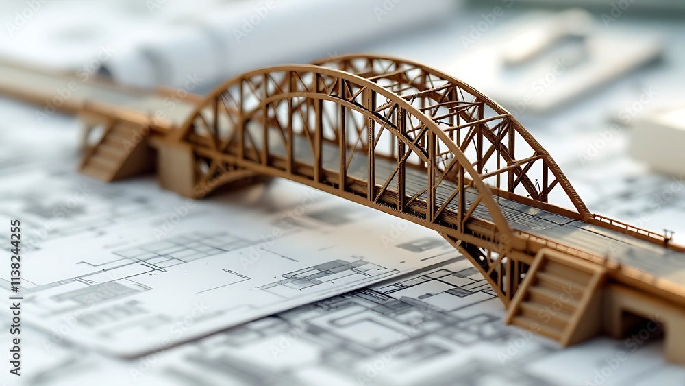 Poster vision of architecture of a 3d model bridge project with blueprint