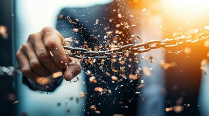 Breaking Free from Corporate Chains - Conceptual Image of a Man Tearing Chains Apart in a Business Suit Symbolizing Liberation and Freedom from Oppressive Corporate Power