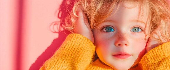 Child with curly hair in yellow sweater, horizontal, suitable for children's fashion, family lifestyle, education services and positive childhood content
