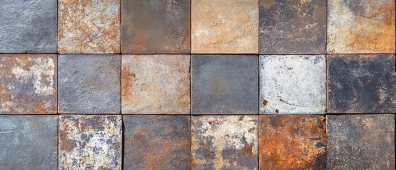 Fototapeta premium Old brown gray rusty vintage worn shabby patchwork motif tiles stone concrete cement wall texture background