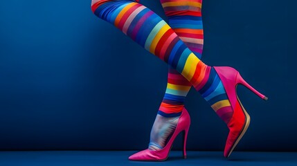 Colorful striped tights and pink high heels on a blue background.