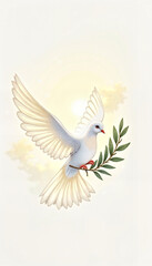 Obraz premium White dove carrying olive branch in soft sunlight