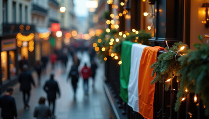 rish flag decorated with greenery, illuminated for St. Patrick's Day celebration in a festive street.