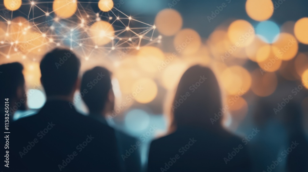Poster a group of people silhouette with a blurred background of glowing lights, representing connection an