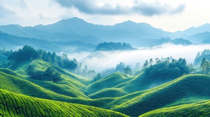 Obraz premium Lush green hills and misty mountains create a serene and picturesque landscape.