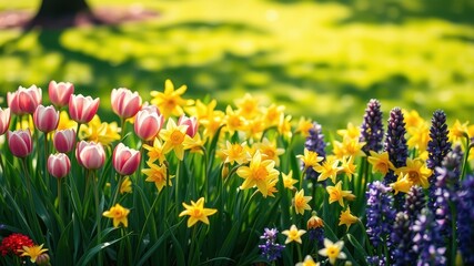 Obraz premium A vibrant spring garden blooms with a colorful array of flowers, including pink tulips, yellow daffodils, and purple lupines, creating a cheerful and picturesque scene.