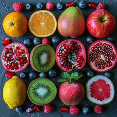 Colorful assortment of fresh fruits; oranges, apples, kiwi, pomegranate, raspberries, blueberries, lemon, grapefruit, pear.