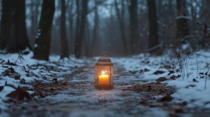 A glowing lantern illuminates a snowy forest path, surrounded by tall trees in a tranquil, wintry setting.