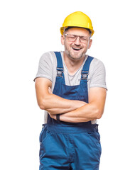 Laughing middle-aged construction worker with eyes closed, isolated on white background. Handsome repairman with laugh expression. Craftsman against white wall