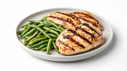 Meal prep grilled chicken green beans. Grilled chicken breast served with a side of green beans on a simple white plate, showcasing a healthy meal option.