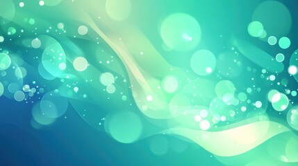 Abstract teal and green bokeh background with flowing waves and bright sparkles.