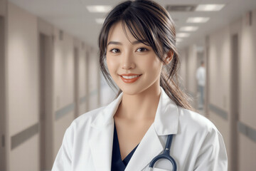 smiling female doctor in white coat stands confidently in hospital corridor, exuding professionalism and warmth. Her stethoscope adds to her medical attire