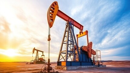 Oil pump jacks at sunset in a desert landscape.