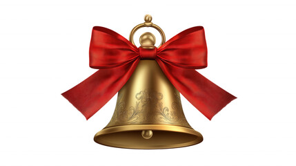 A gold bell with a red ribbon around it