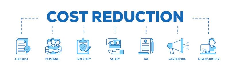 Cost reduction infographic icon flow process which consists of checklist, personnel, inventory, salary, tax, advertising and administration icon live stroke and easy to edit .