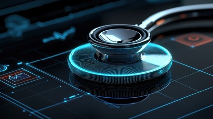 A futuristic stethoscope rests on a digital interface, symbolizing the intersection of healthcare and technology.