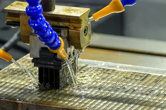 The EDM machine working with graphite electrode and use liquid coolant method.