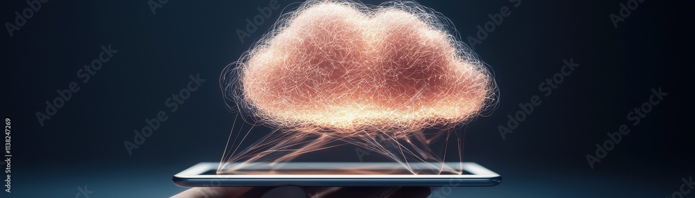 Poster a digital cloud emerging from a smartphone, symbolizing data storage and connectivity in a modern, t