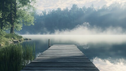Fototapeta premium Serene morning mist over tranquil lake secluded dock nature photography calm environment peaceful viewpoint
