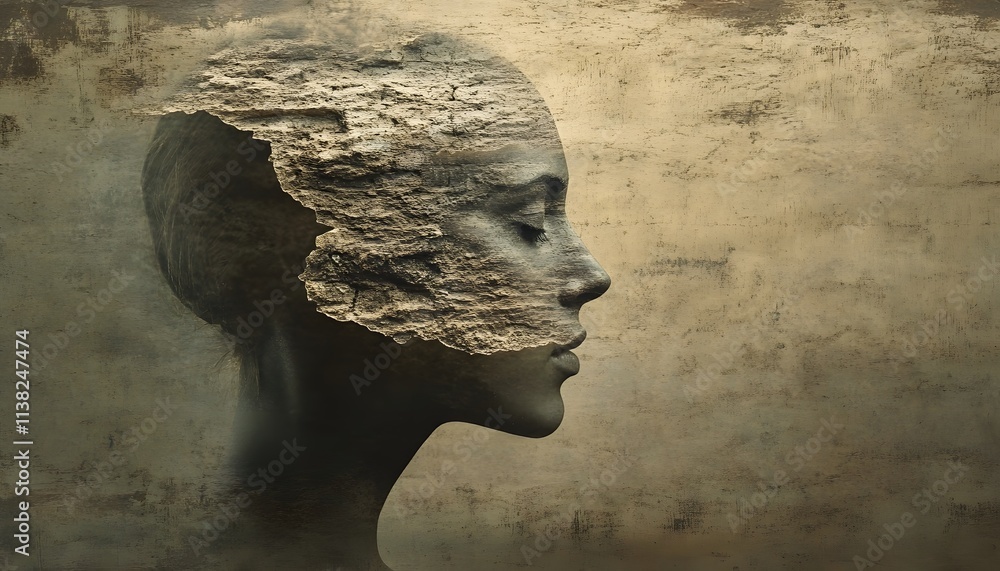 Poster abstract conceptual art of woman's profile merging with natural textures depicting unity of humanity