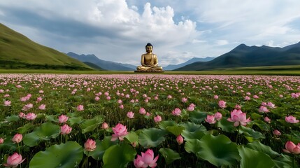Buddha statue in lotus field, horizontal, suitable for wellness retreats, meditation centers, spiritual practices and mindfulness programs
