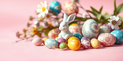 Fototapeta premium A white rabbit sits amongst a cluster of colorful, decorated Easter eggs and delicate spring blossoms, creating a scene of festive joy and anticipation.