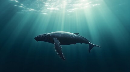 Fototapeta premium Whale swimming in turquoise ocean depths, horizontal, perfect for ocean conservation, marine life protection, environmental campaigns and nature documentaries