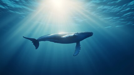 Fototapeta premium Whale swimming in turquoise ocean depths, horizontal, perfect for ocean conservation, marine life protection, environmental campaigns and nature documentaries