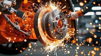 Skilled Mechanic Fine-Tuning Car's Brake Disc with Precision, Sparks Flying in Workshop