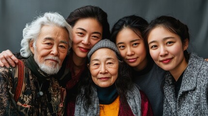 Fototapeta premium people of different ages and ethnicities stand close together in front of a gray backdrop, all smiling and looking directly at the camera