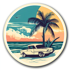White vintage car parked on sandy beach near palm tree at sunset